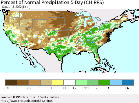 United States Percent of Normal Precipitation 5-Day (CHIRPS) Thematic Map For 9/1/2022 - 9/5/2022