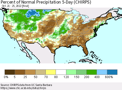 United States Percent of Normal Precipitation 5-Day (CHIRPS) Thematic Map For 10/21/2022 - 10/25/2022