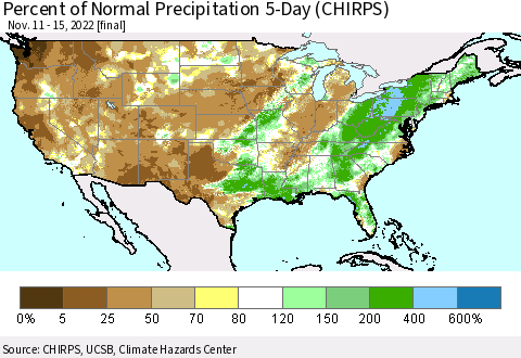 United States Percent of Normal Precipitation 5-Day (CHIRPS) Thematic Map For 11/11/2022 - 11/15/2022