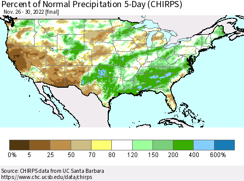 United States Percent of Normal Precipitation 5-Day (CHIRPS) Thematic Map For 11/26/2022 - 11/30/2022