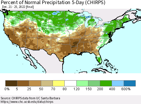 United States Percent of Normal Precipitation 5-Day (CHIRPS) Thematic Map For 12/21/2022 - 12/25/2022