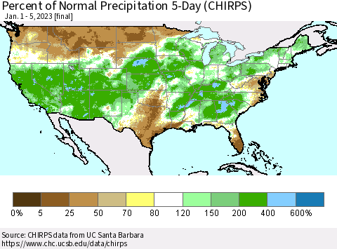 United States Percent of Normal Precipitation 5-Day (CHIRPS) Thematic Map For 1/1/2023 - 1/5/2023