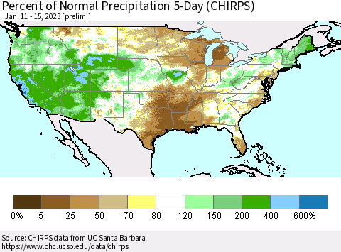 United States Percent of Normal Precipitation 5-Day (CHIRPS) Thematic Map For 1/11/2023 - 1/15/2023