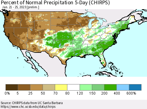 United States Percent of Normal Precipitation 5-Day (CHIRPS) Thematic Map For 1/21/2023 - 1/25/2023