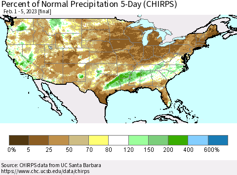 United States Percent of Normal Precipitation 5-Day (CHIRPS) Thematic Map For 2/1/2023 - 2/5/2023