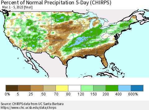 United States Percent of Normal Precipitation 5-Day (CHIRPS) Thematic Map For 3/1/2023 - 3/5/2023