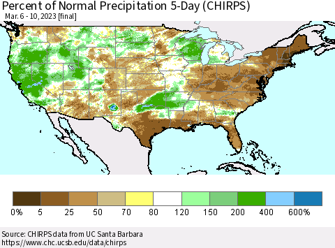 United States Percent of Normal Precipitation 5-Day (CHIRPS) Thematic Map For 3/6/2023 - 3/10/2023