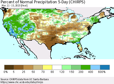 United States Percent of Normal Precipitation 5-Day (CHIRPS) Thematic Map For 3/11/2023 - 3/15/2023