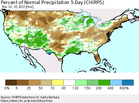 United States Percent of Normal Precipitation 5-Day (CHIRPS) Thematic Map For 3/16/2023 - 3/20/2023