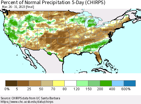 United States Percent of Normal Precipitation 5-Day (CHIRPS) Thematic Map For 3/26/2023 - 3/31/2023