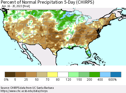 United States Percent of Normal Precipitation 5-Day (CHIRPS) Thematic Map For 4/16/2023 - 4/20/2023