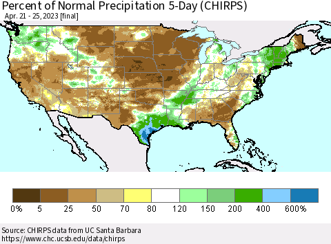 United States Percent of Normal Precipitation 5-Day (CHIRPS) Thematic Map For 4/21/2023 - 4/25/2023