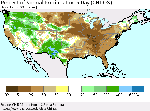 United States Percent of Normal Precipitation 5-Day (CHIRPS) Thematic Map For 5/1/2023 - 5/5/2023