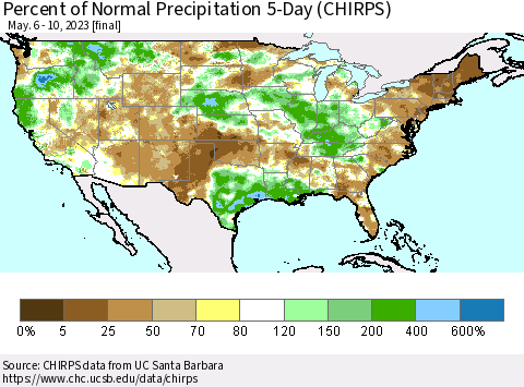United States Percent of Normal Precipitation 5-Day (CHIRPS) Thematic Map For 5/6/2023 - 5/10/2023