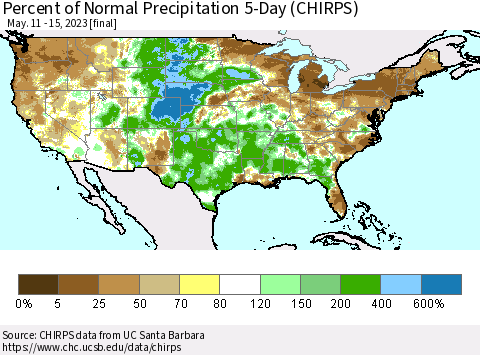United States Percent of Normal Precipitation 5-Day (CHIRPS) Thematic Map For 5/11/2023 - 5/15/2023