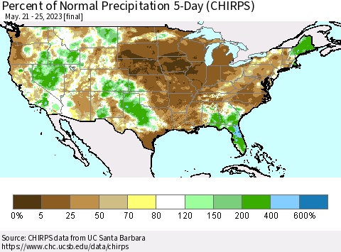 United States Percent of Normal Precipitation 5-Day (CHIRPS) Thematic Map For 5/21/2023 - 5/25/2023
