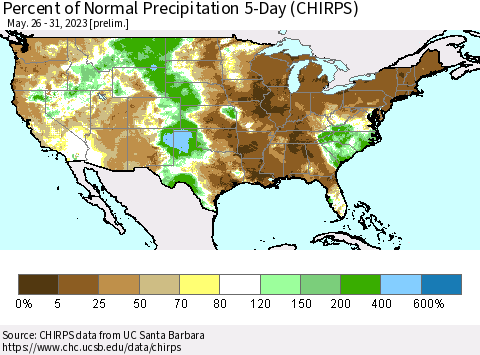 United States Percent of Normal Precipitation 5-Day (CHIRPS) Thematic Map For 5/26/2023 - 5/31/2023