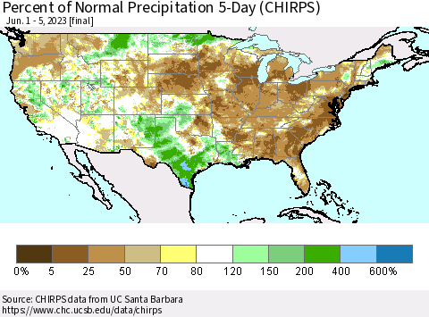United States Percent of Normal Precipitation 5-Day (CHIRPS) Thematic Map For 6/1/2023 - 6/5/2023