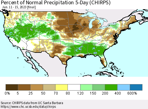 United States Percent of Normal Precipitation 5-Day (CHIRPS) Thematic Map For 6/11/2023 - 6/15/2023