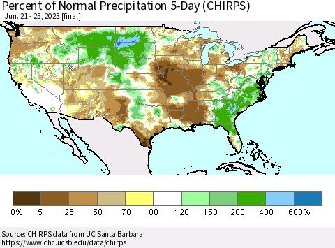 United States Percent of Normal Precipitation 5-Day (CHIRPS) Thematic Map For 6/21/2023 - 6/25/2023