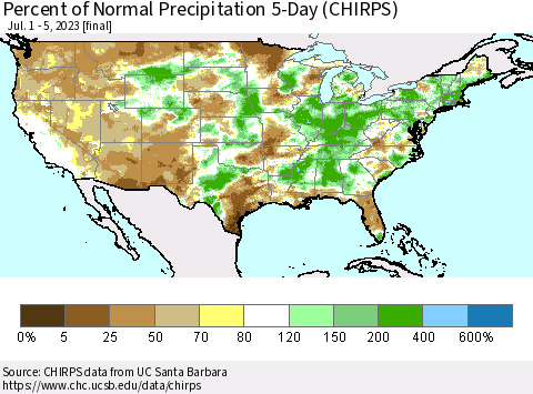 United States Percent of Normal Precipitation 5-Day (CHIRPS) Thematic Map For 7/1/2023 - 7/5/2023