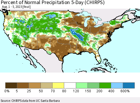 United States Percent of Normal Precipitation 5-Day (CHIRPS) Thematic Map For 8/1/2023 - 8/5/2023
