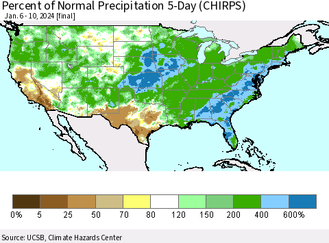 United States Percent of Normal Precipitation 5-Day (CHIRPS) Thematic Map For 1/6/2024 - 1/10/2024