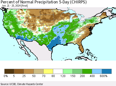 United States Percent of Normal Precipitation 5-Day (CHIRPS) Thematic Map For 1/21/2024 - 1/25/2024