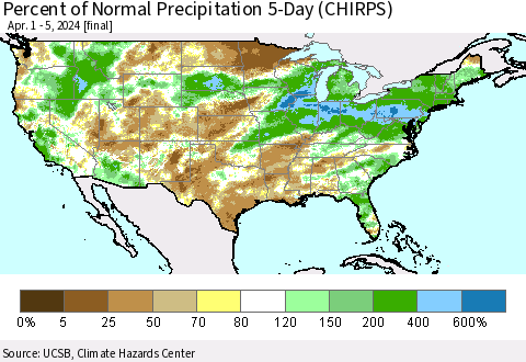 United States Percent of Normal Precipitation 5-Day (CHIRPS) Thematic Map For 4/1/2024 - 4/5/2024