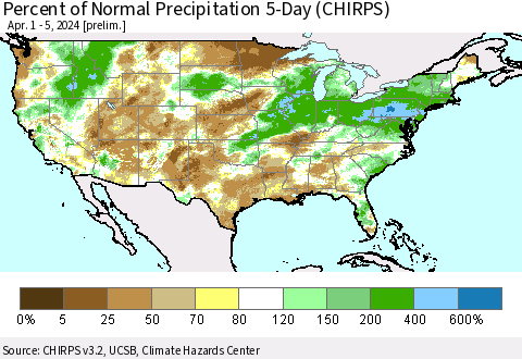 United States Percent of Normal Precipitation 5-Day (CHIRPS) Thematic Map For 4/1/2024 - 4/5/2024