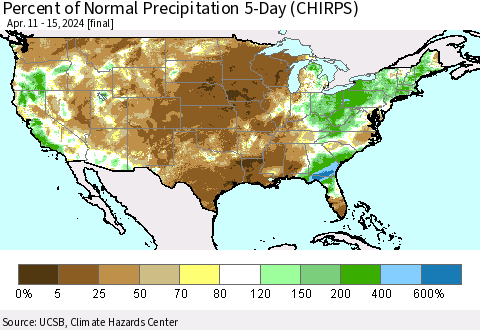 United States Percent of Normal Precipitation 5-Day (CHIRPS) Thematic Map For 4/11/2024 - 4/15/2024