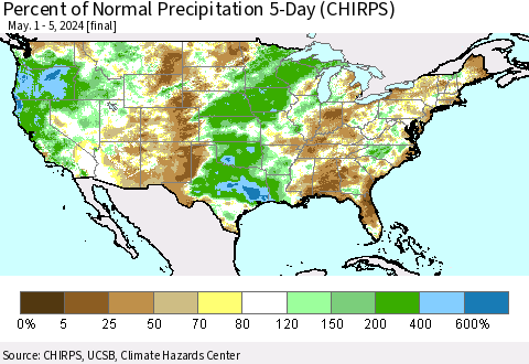 United States Percent of Normal Precipitation 5-Day (CHIRPS) Thematic Map For 5/1/2024 - 5/5/2024