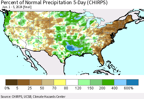 United States Percent of Normal Precipitation 5-Day (CHIRPS) Thematic Map For 6/1/2024 - 6/5/2024