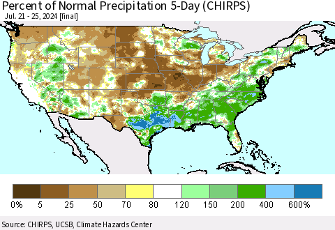 United States Percent of Normal Precipitation 5-Day (CHIRPS) Thematic Map For 7/21/2024 - 7/25/2024