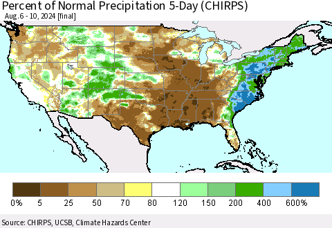 United States Percent of Normal Precipitation 5-Day (CHIRPS) Thematic Map For 8/6/2024 - 8/10/2024