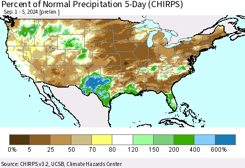 United States Percent of Normal Precipitation 5-Day (CHIRPS) Thematic Map For 9/1/2024 - 9/5/2024