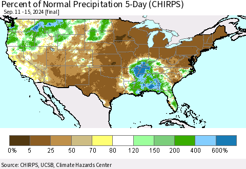 United States Percent of Normal Precipitation 5-Day (CHIRPS) Thematic Map For 9/11/2024 - 9/15/2024
