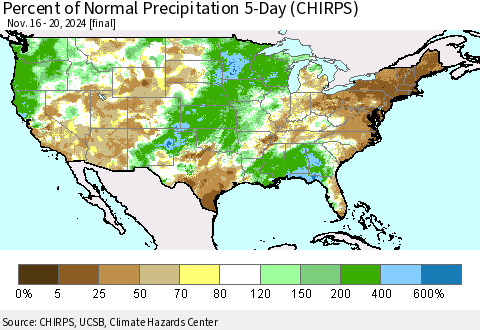 United States Percent of Normal Precipitation 5-Day (CHIRPS) Thematic Map For 11/16/2024 - 11/20/2024