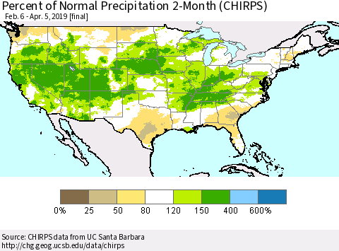 United States Percent of Normal Precipitation 2-Month (CHIRPS) Thematic Map For 2/6/2019 - 4/5/2019