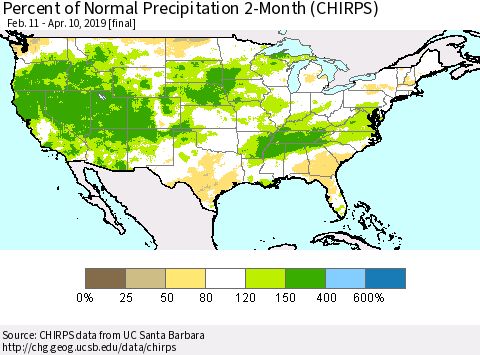 United States Percent of Normal Precipitation 2-Month (CHIRPS) Thematic Map For 2/11/2019 - 4/10/2019