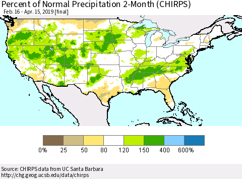 United States Percent of Normal Precipitation 2-Month (CHIRPS) Thematic Map For 2/16/2019 - 4/15/2019