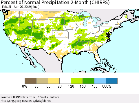 United States Percent of Normal Precipitation 2-Month (CHIRPS) Thematic Map For 2/21/2019 - 4/20/2019