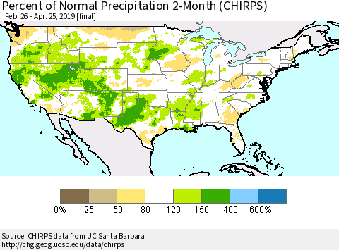 United States Percent of Normal Precipitation 2-Month (CHIRPS) Thematic Map For 2/26/2019 - 4/25/2019