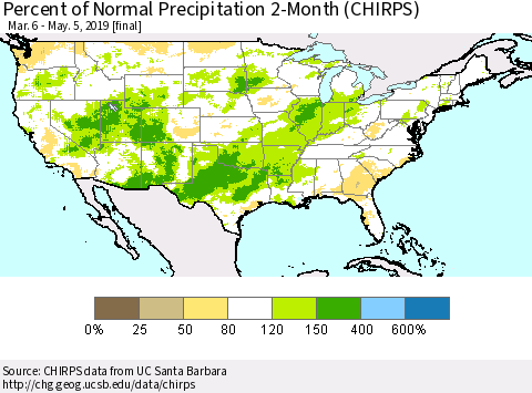 United States Percent of Normal Precipitation 2-Month (CHIRPS) Thematic Map For 3/6/2019 - 5/5/2019