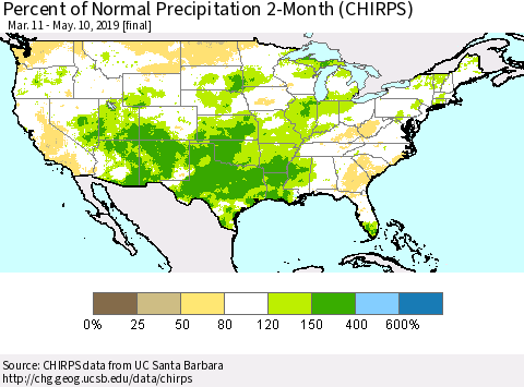 United States Percent of Normal Precipitation 2-Month (CHIRPS) Thematic Map For 3/11/2019 - 5/10/2019