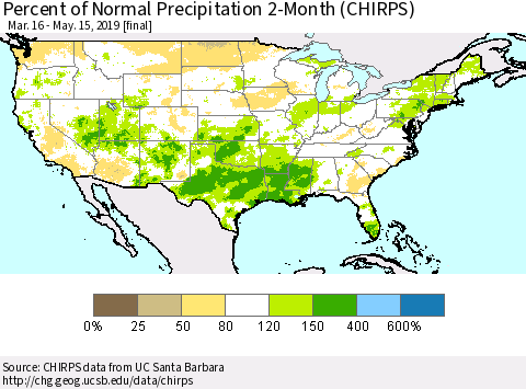 United States Percent of Normal Precipitation 2-Month (CHIRPS) Thematic Map For 3/16/2019 - 5/15/2019