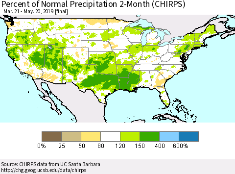 United States Percent of Normal Precipitation 2-Month (CHIRPS) Thematic Map For 3/21/2019 - 5/20/2019