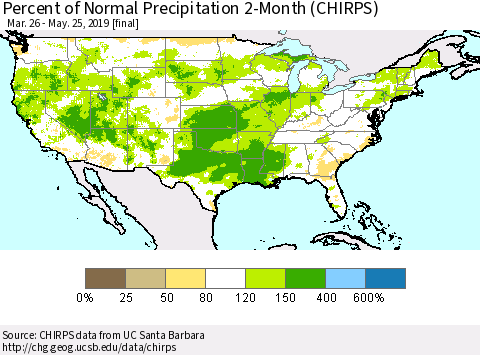 United States Percent of Normal Precipitation 2-Month (CHIRPS) Thematic Map For 3/26/2019 - 5/25/2019