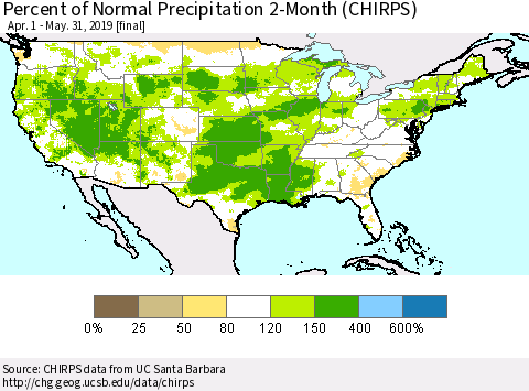 United States Percent of Normal Precipitation 2-Month (CHIRPS) Thematic Map For 4/1/2019 - 5/31/2019