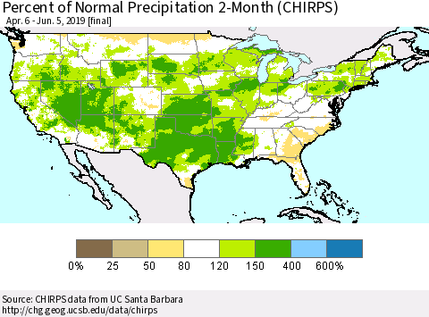 United States Percent of Normal Precipitation 2-Month (CHIRPS) Thematic Map For 4/6/2019 - 6/5/2019
